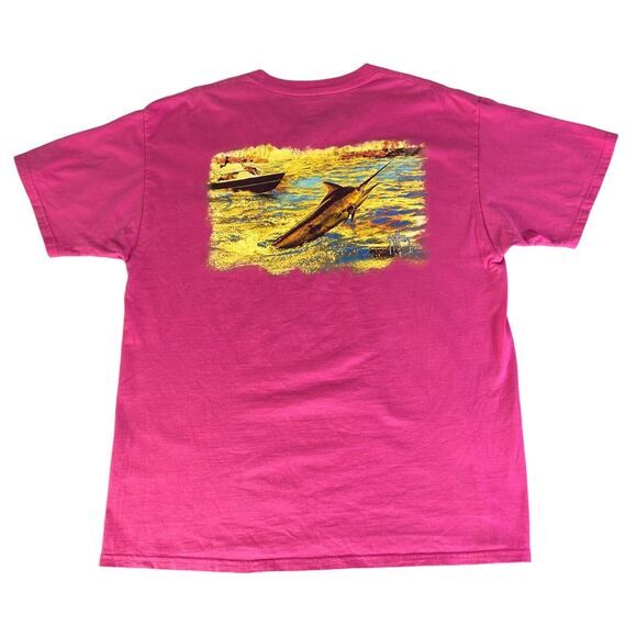 Guy Harvey Blue Water Pink T Shirt Size Large Salt Water Fishing Outdoors Pocket - Picture 9 of 11